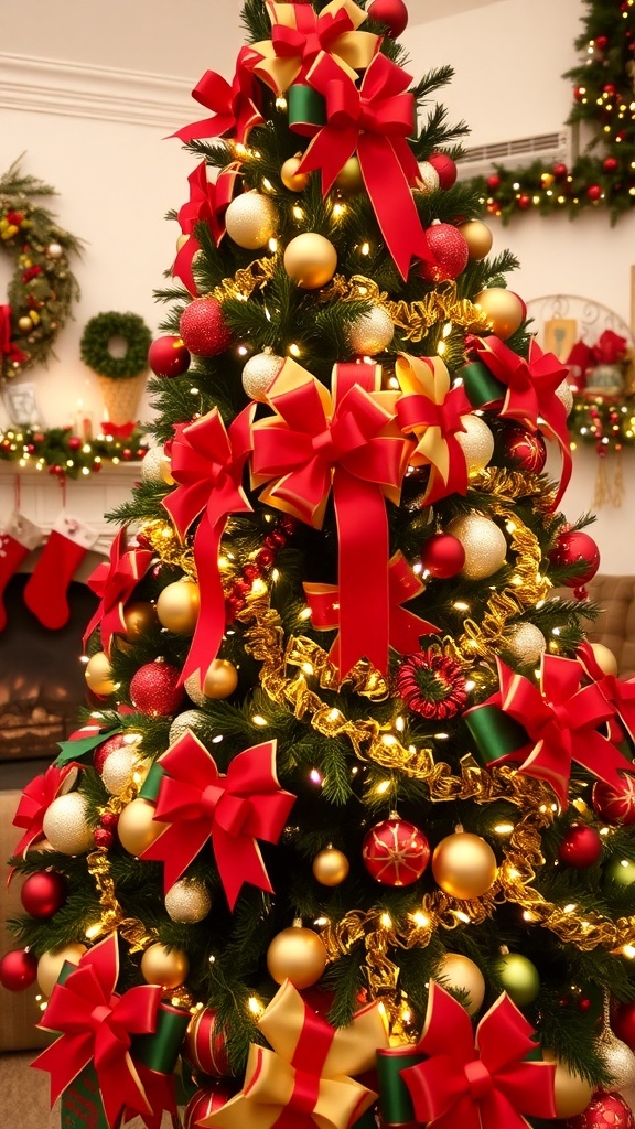 Decorative Bows for Christmas Tree 2024 A Christmas tree decorated with colorful bows, ornaments, and lights in a cozy living room.